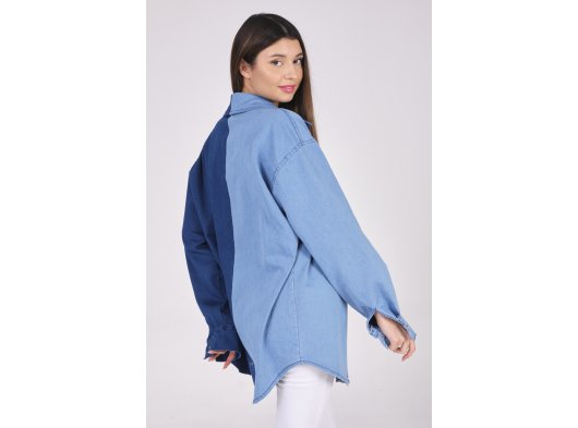 İki Renkli Oversize Jean Gömlek TOPTAN SATIŞ
